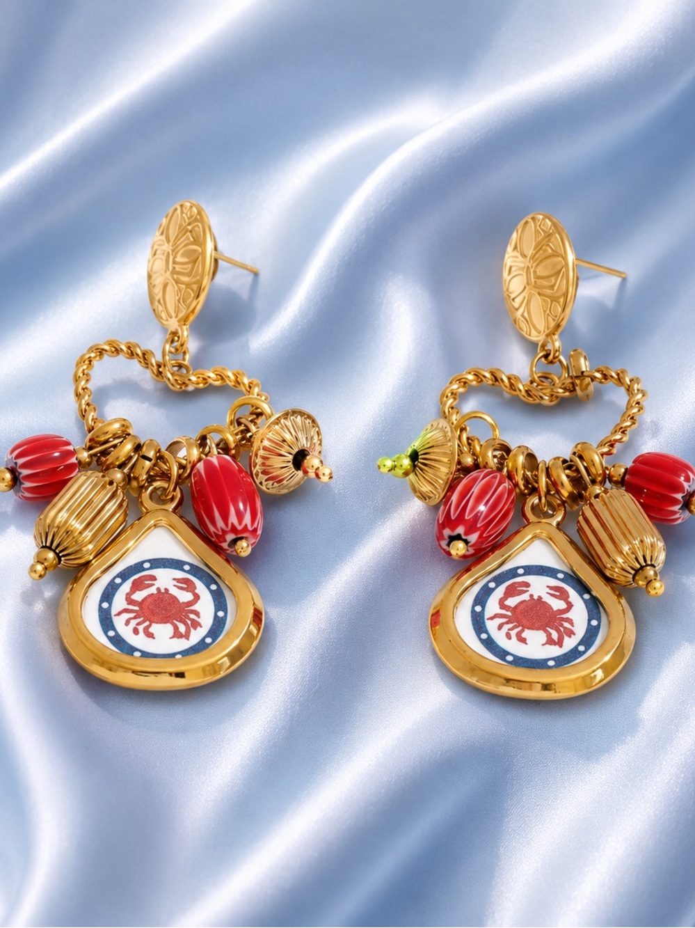 Nautical Chic Gold Drop Earrings With Crab Charms